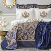 Набор постельное белье с покрывалом + плед Karaca Home Helena lacivert синий евро