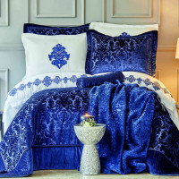 Набор постельное белье с покрывалом + плед Karaca Home Volante lacivert синий (10 предметов)