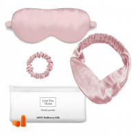 Набор для сна Love You: маска+повязка для волос+резинка+чехол+беруши розовый из натурального шелка