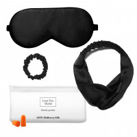 Набор для сна Love You: маска+повязка для волос+резинка+чехол+беруши черный из натурального шелка