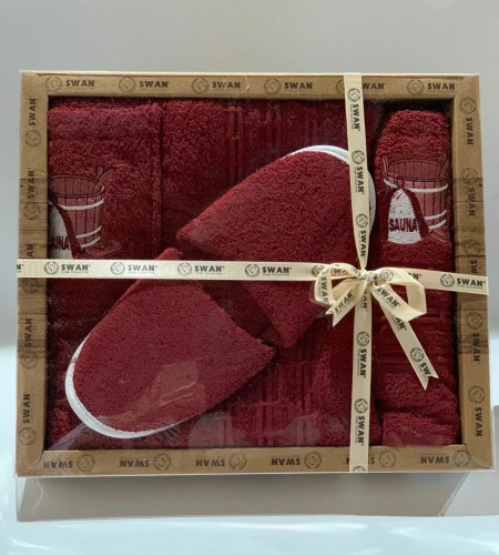 Мужской набор для сауны Swan (юбка, полотенце, тапочки) бордовый