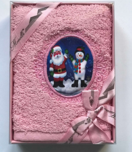 Полотенце Massimo Monelli махровое Санта и Снеговик 30x50 см розовое