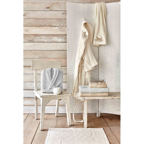 Набор семейный халаты с полотенцами Karaca Home Fronda Offwhite-Gri кремовый-cерый
